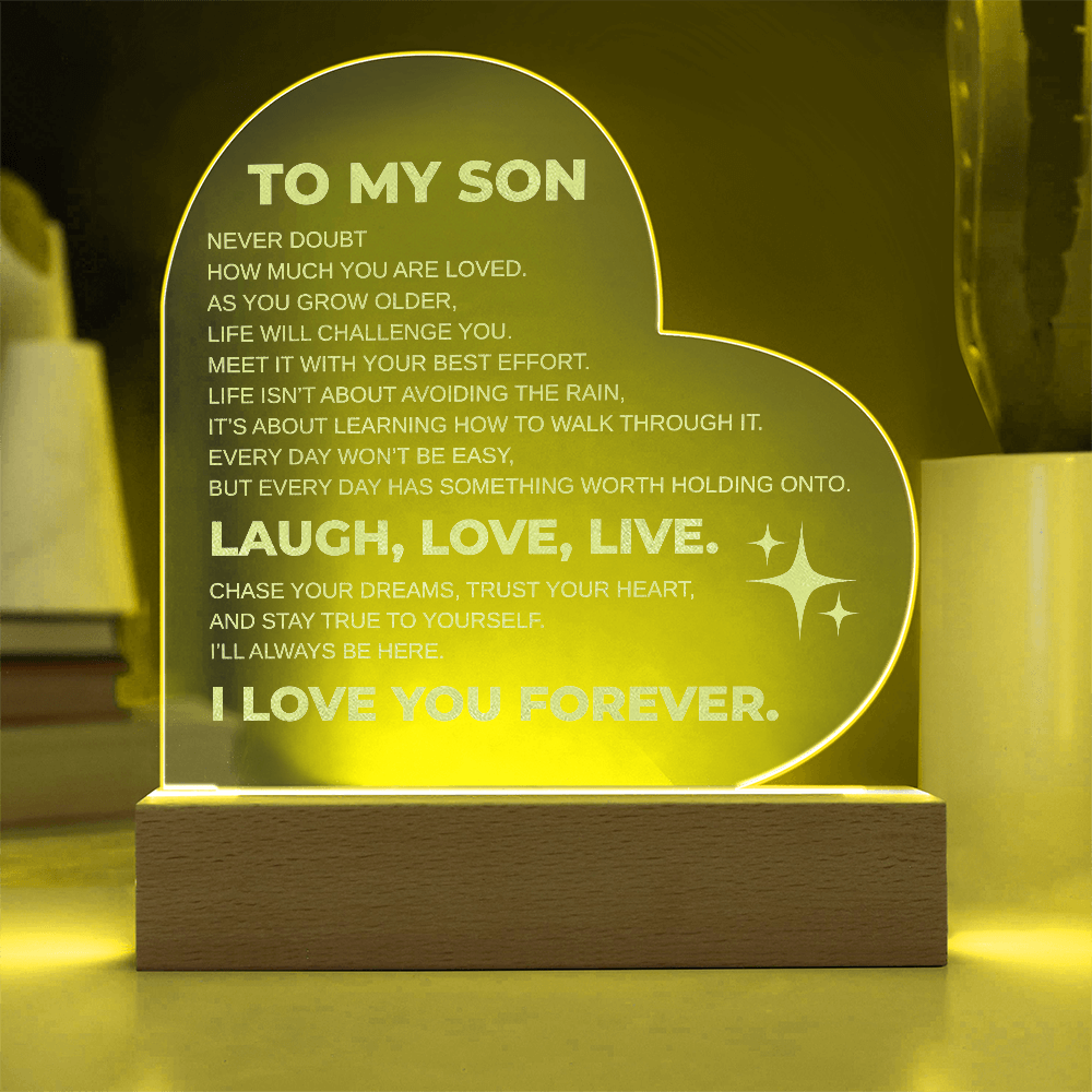 To My Son Engraved Acrylic Heart Plaque LED
