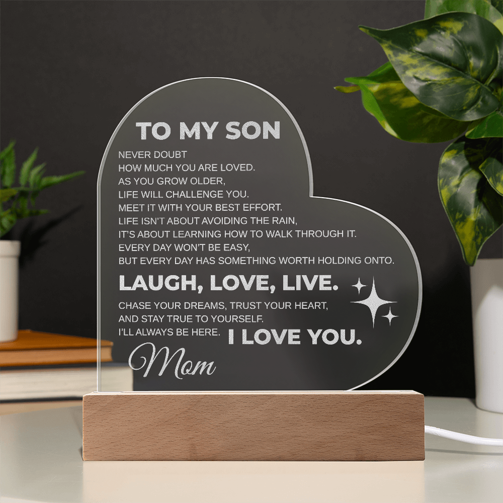 To My Son Engraved Acrylic Heart Plaque LED From MOM