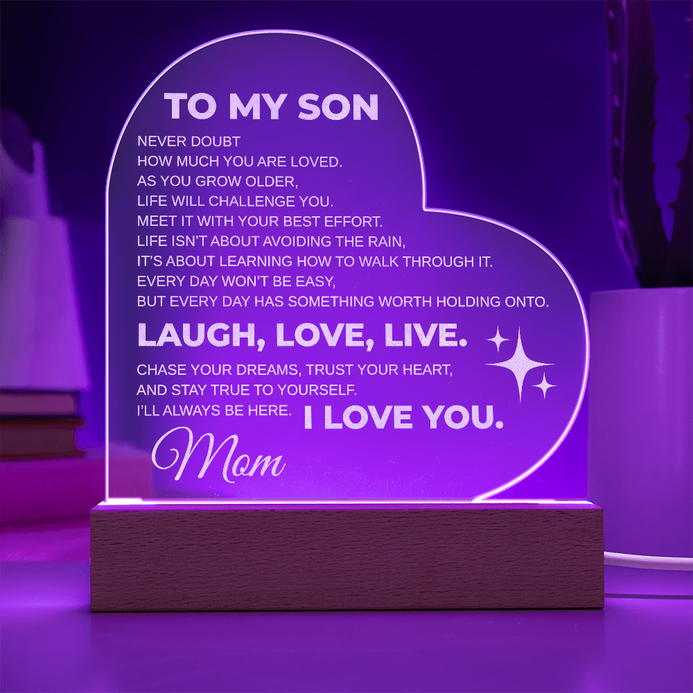 To My Son Engraved Acrylic Heart Plaque LED From MOM
