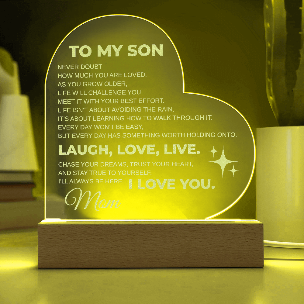 To My Son Engraved Acrylic Heart Plaque LED From MOM