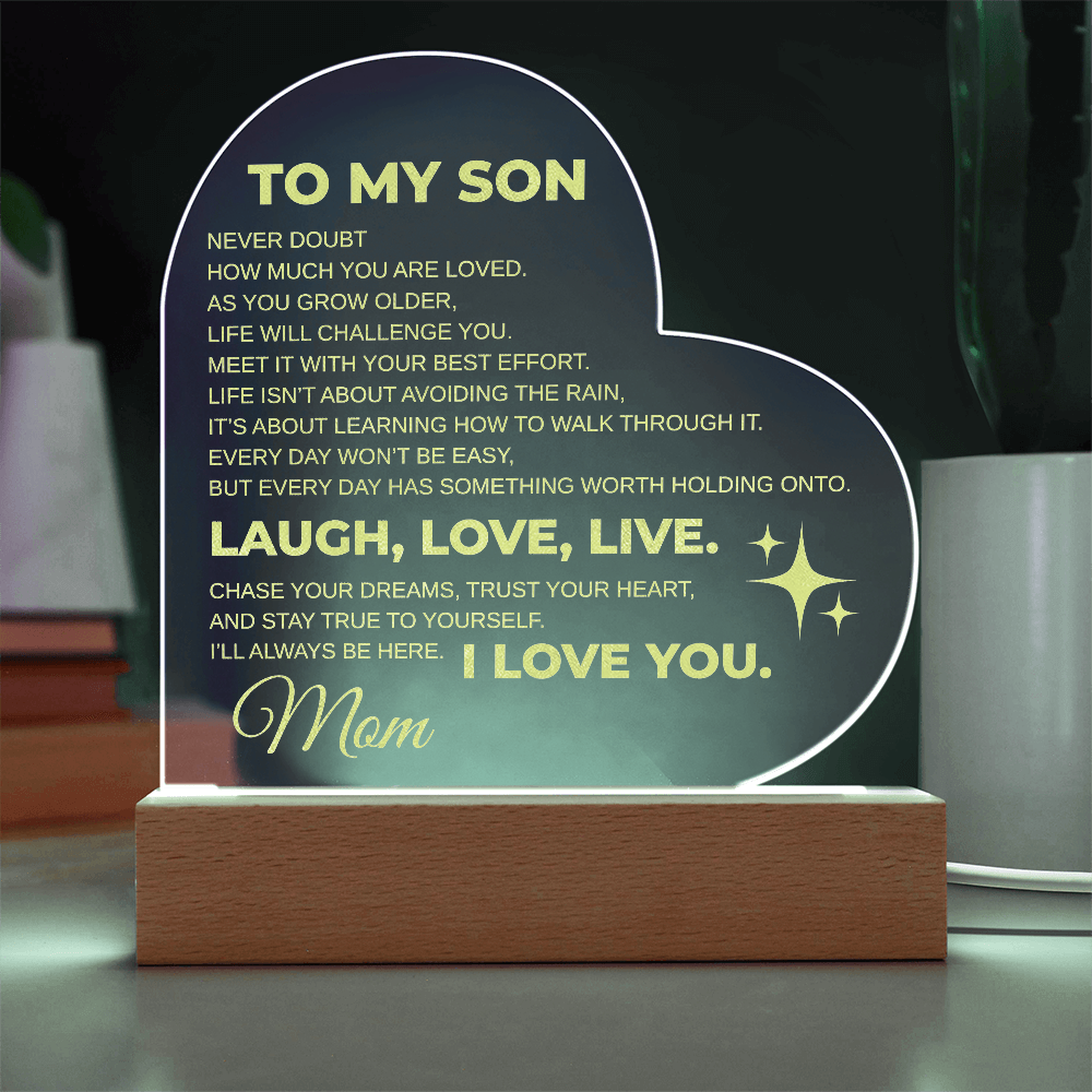 To My Son Engraved Acrylic Heart Plaque LED From MOM