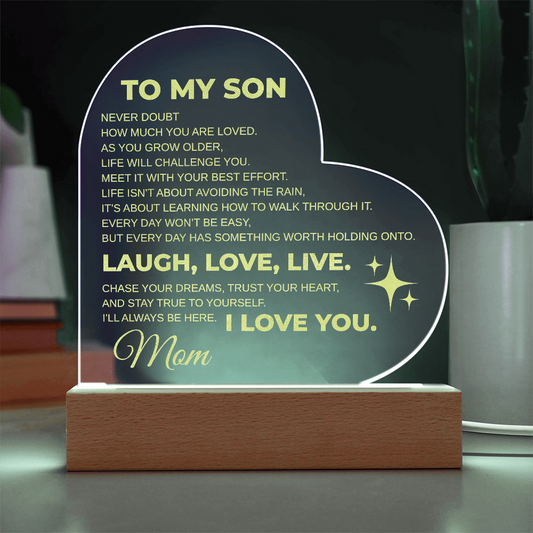 To My Son Engraved Acrylic Heart Plaque LED From MOM