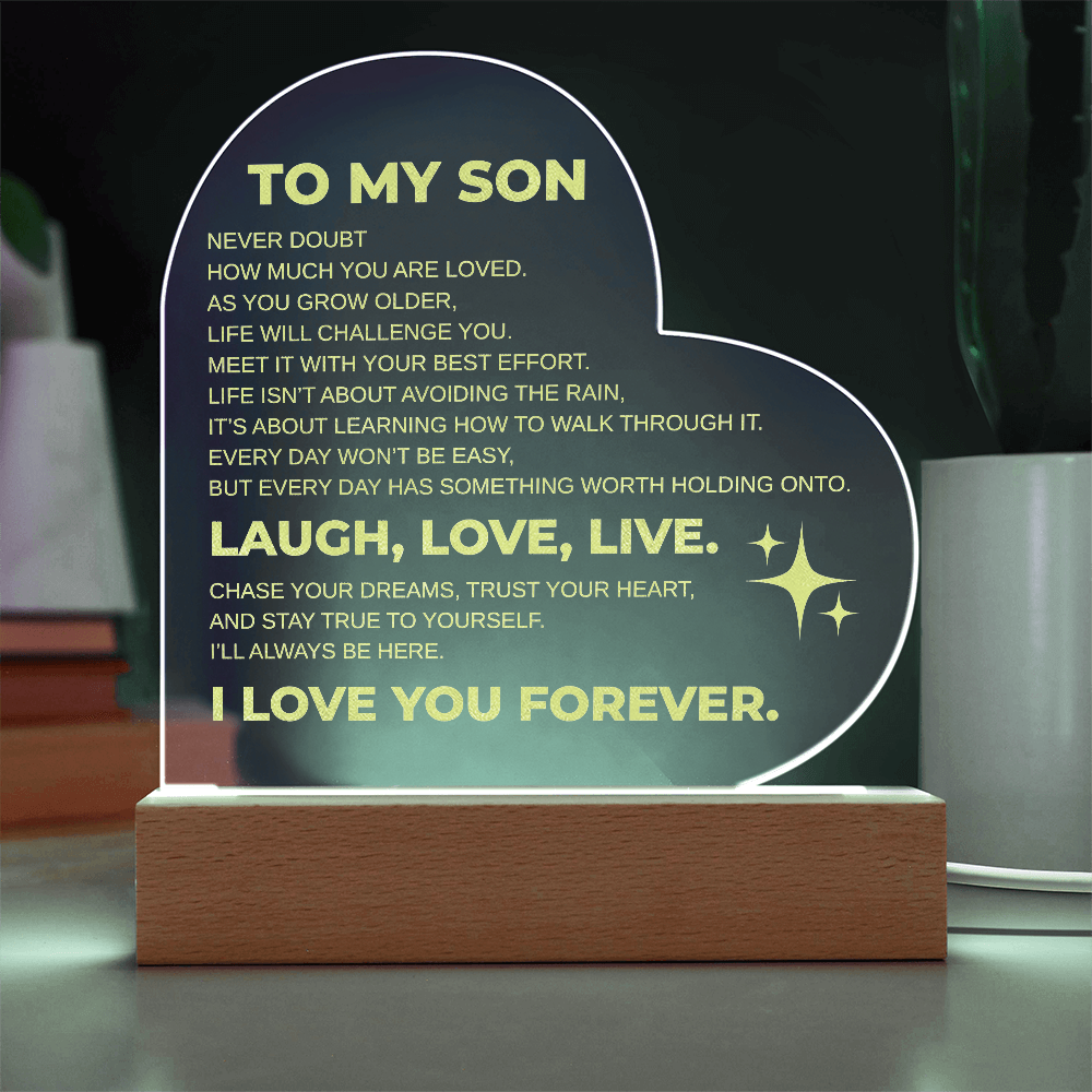 To My Son Engraved Acrylic Heart Plaque LED