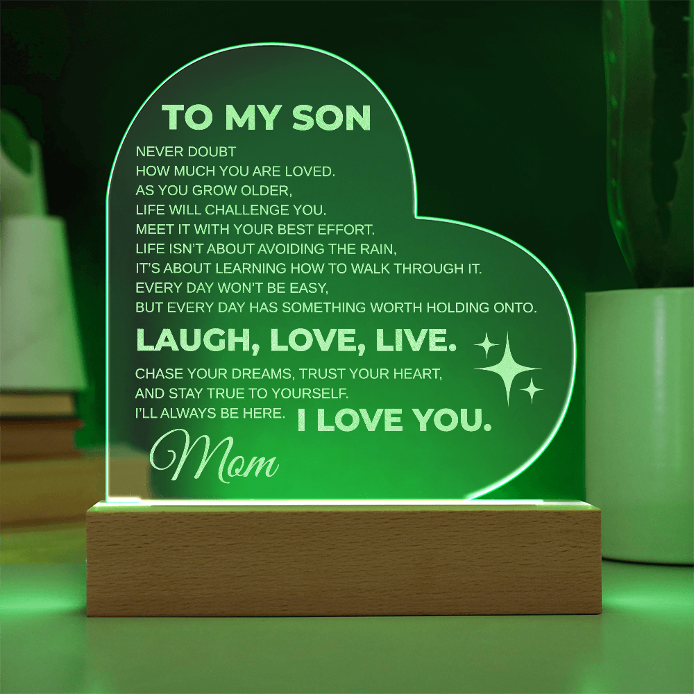 To My Son Engraved Acrylic Heart Plaque LED From MOM