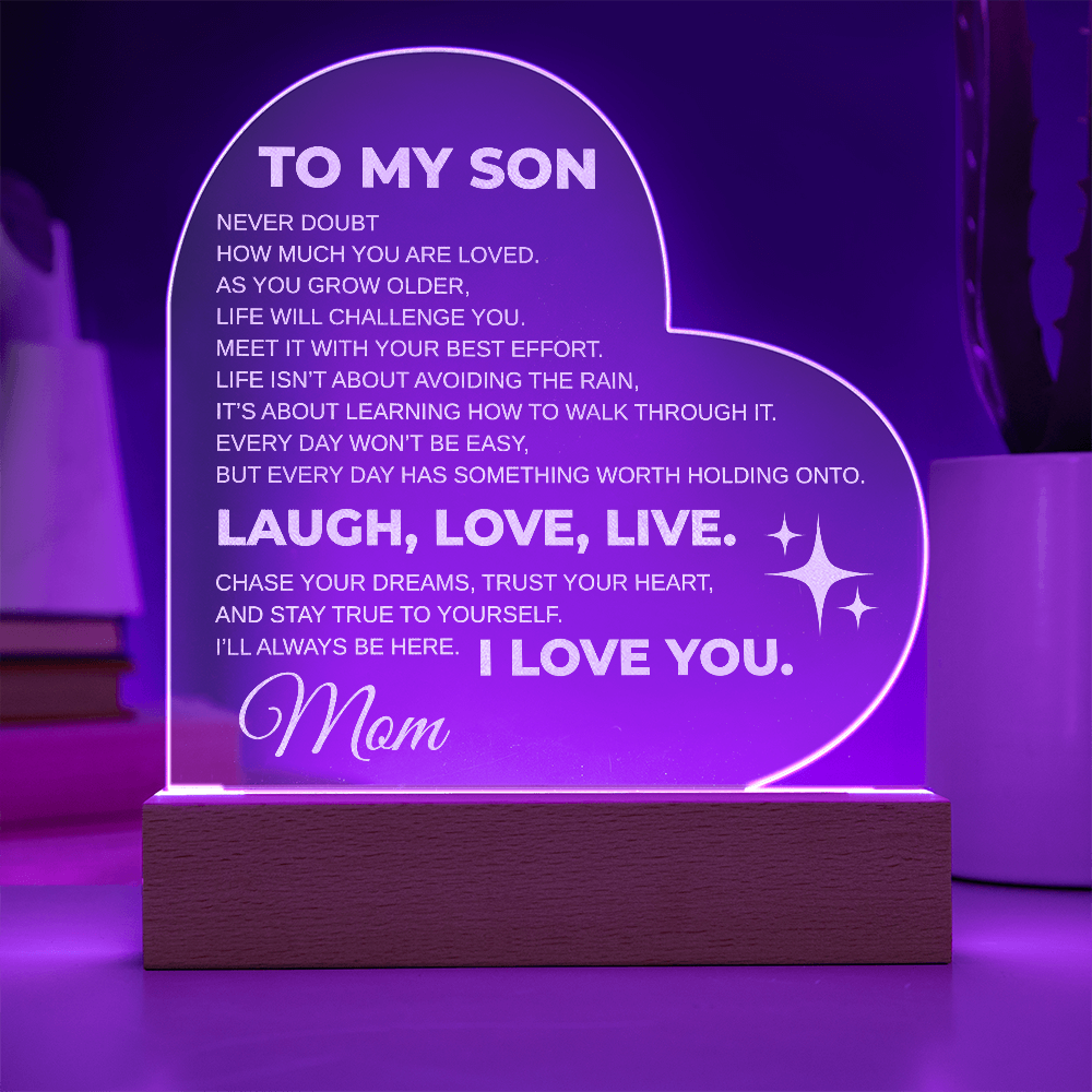 To My Son Engraved Acrylic Heart Plaque LED From MOM