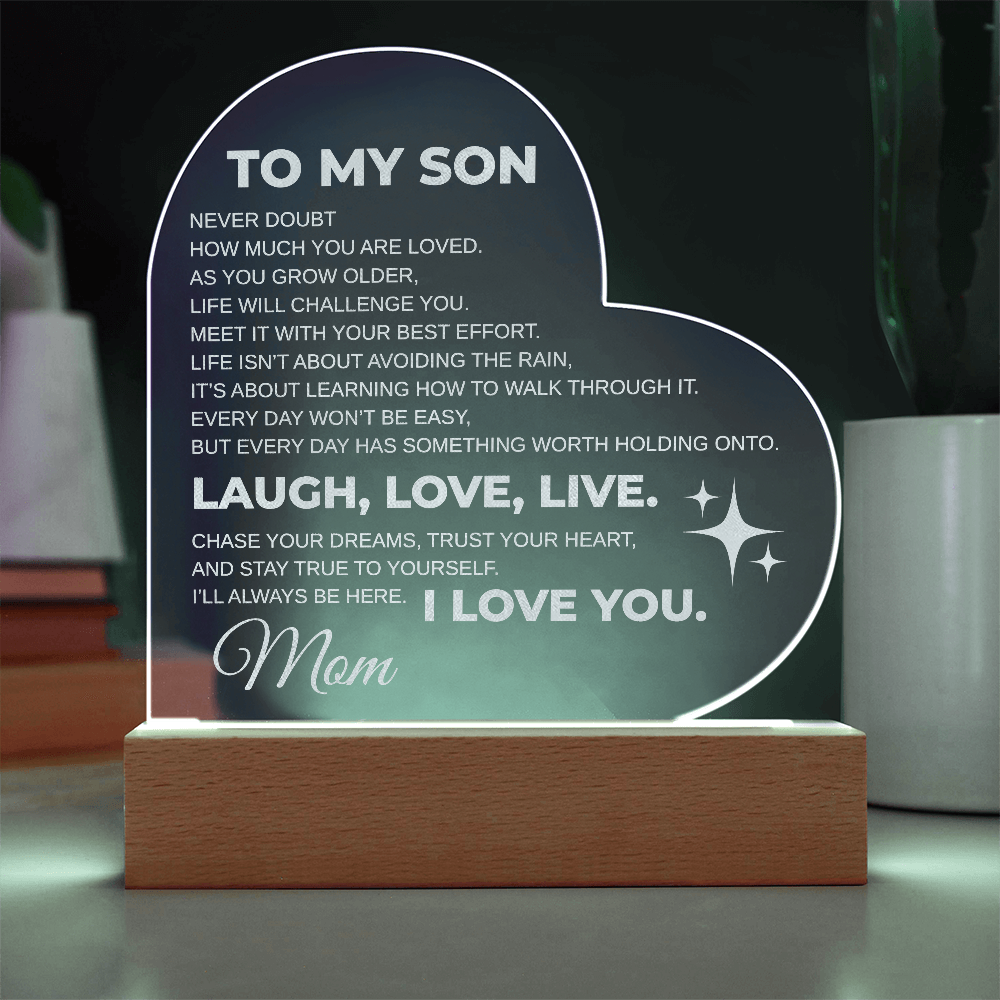 To My Son Engraved Acrylic Heart Plaque LED From MOM