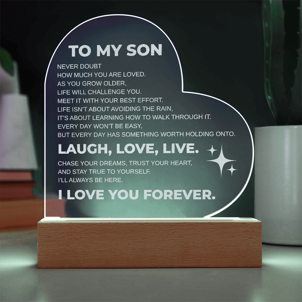 To My Son Engraved Acrylic Heart Plaque LED