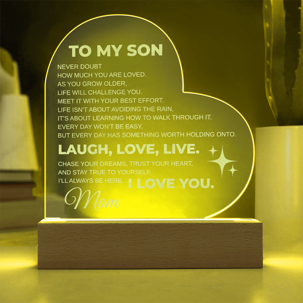 To My Son Engraved Acrylic Heart Plaque LED From MOM