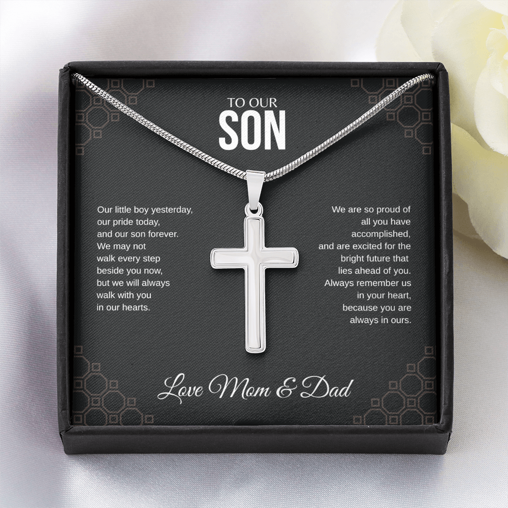 To Our Son Cross Necklace with Snake Chain From Mom & Dad