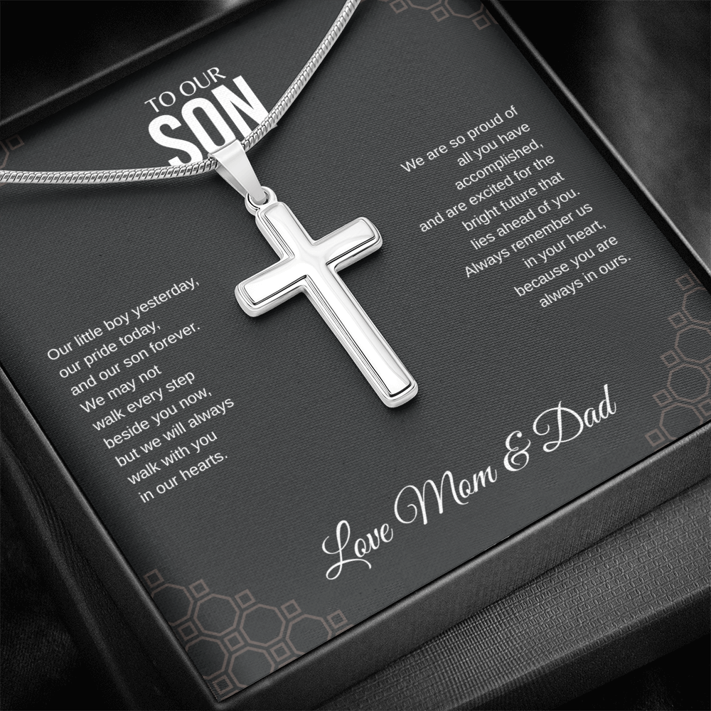 To Our Son Cross Necklace with Snake Chain From Mom & Dad