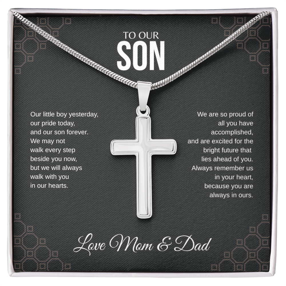 To Our Son Cross Necklace with Snake Chain From Mom & Dad